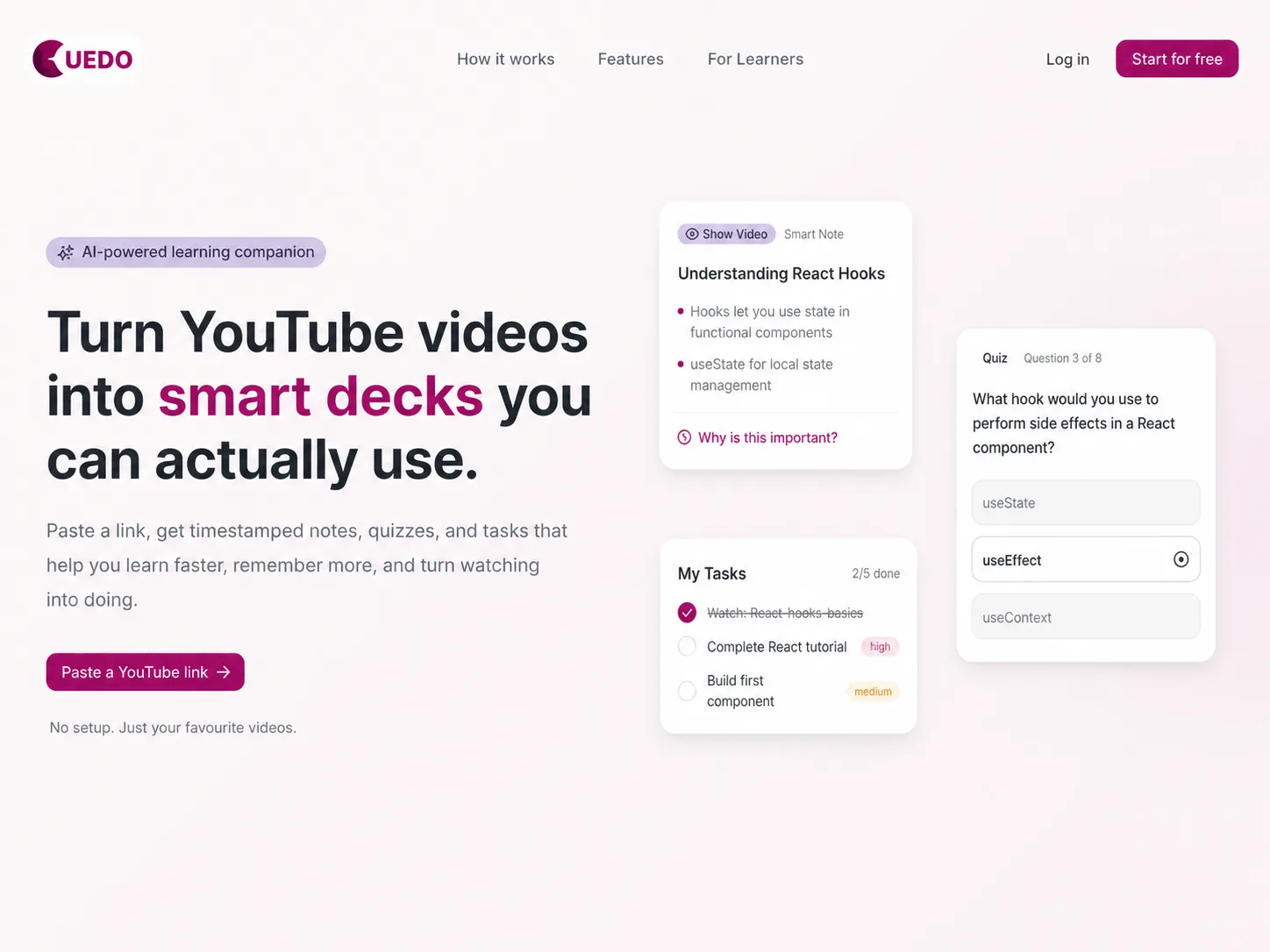cuedo's landing page, headed "Turn YouTube videos into smart decks you can actually use.", with a field to paste a YouTube link and panels showing generated notes, a quiz question and a task list.