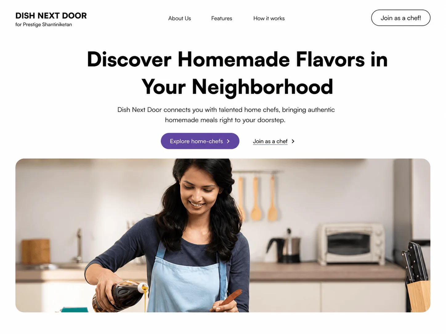 dish next door's home page, headed "Discover Homemade Flavors in Your Neighborhood", with a woman cooking in a kitchen.
