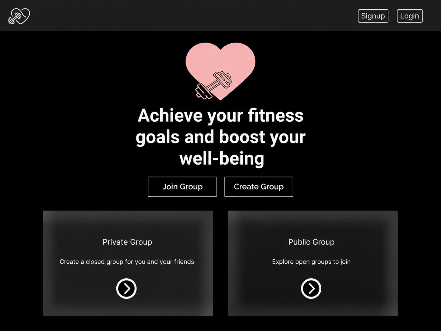 fitbuddy's landing page, headed "Achieve your fitness goals and boost your well-being", with buttons to join or create a group and cards for private and public groups.