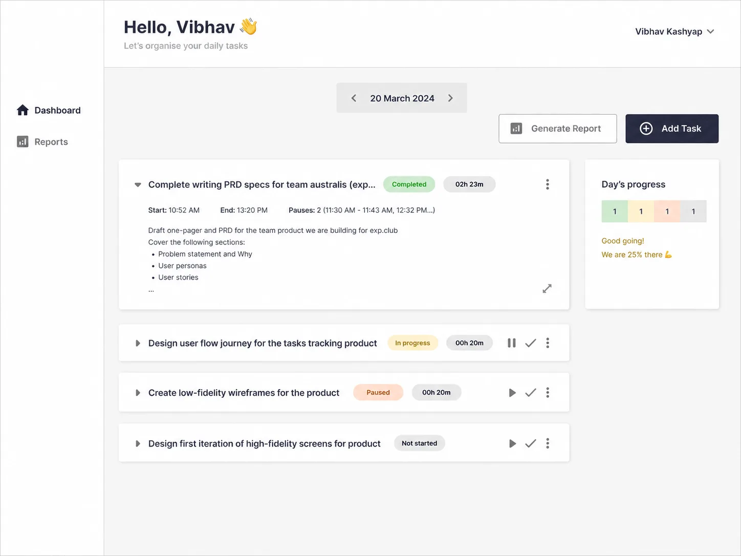 glimpses' task dashboard for one day, with four tasks marked completed, in progress, paused and not started, each showing time spent, and a day's-progress panel beside them.
