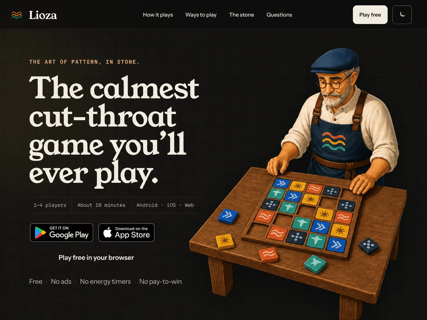 lioza's landing page, headed "The calmest cut-throat game you'll ever play.", with an illustrated tile-laying player, App Store and Google Play buttons, and screens of the board.
