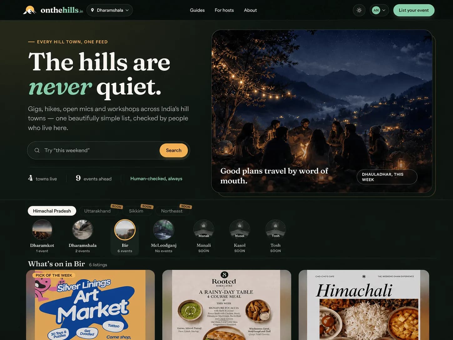 on the hills' home page, headed "The hills are never quiet.", with a search field, a row of hill towns and event listings for Bir.