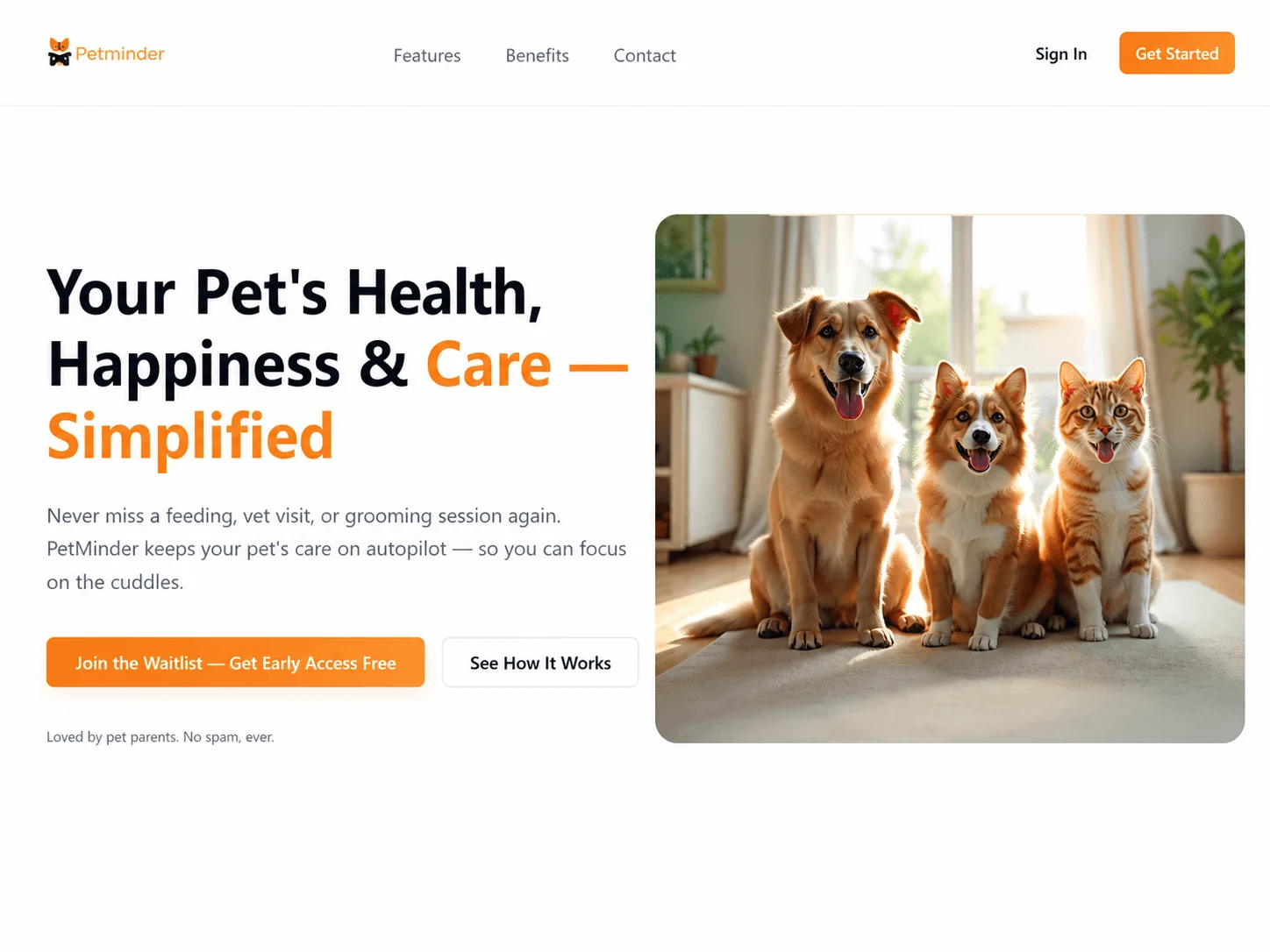 petminder's landing page, headed "Your Pet's Health, Happiness & Care — Simplified", with a photo of two dogs and a cat and a Join the Waitlist button.