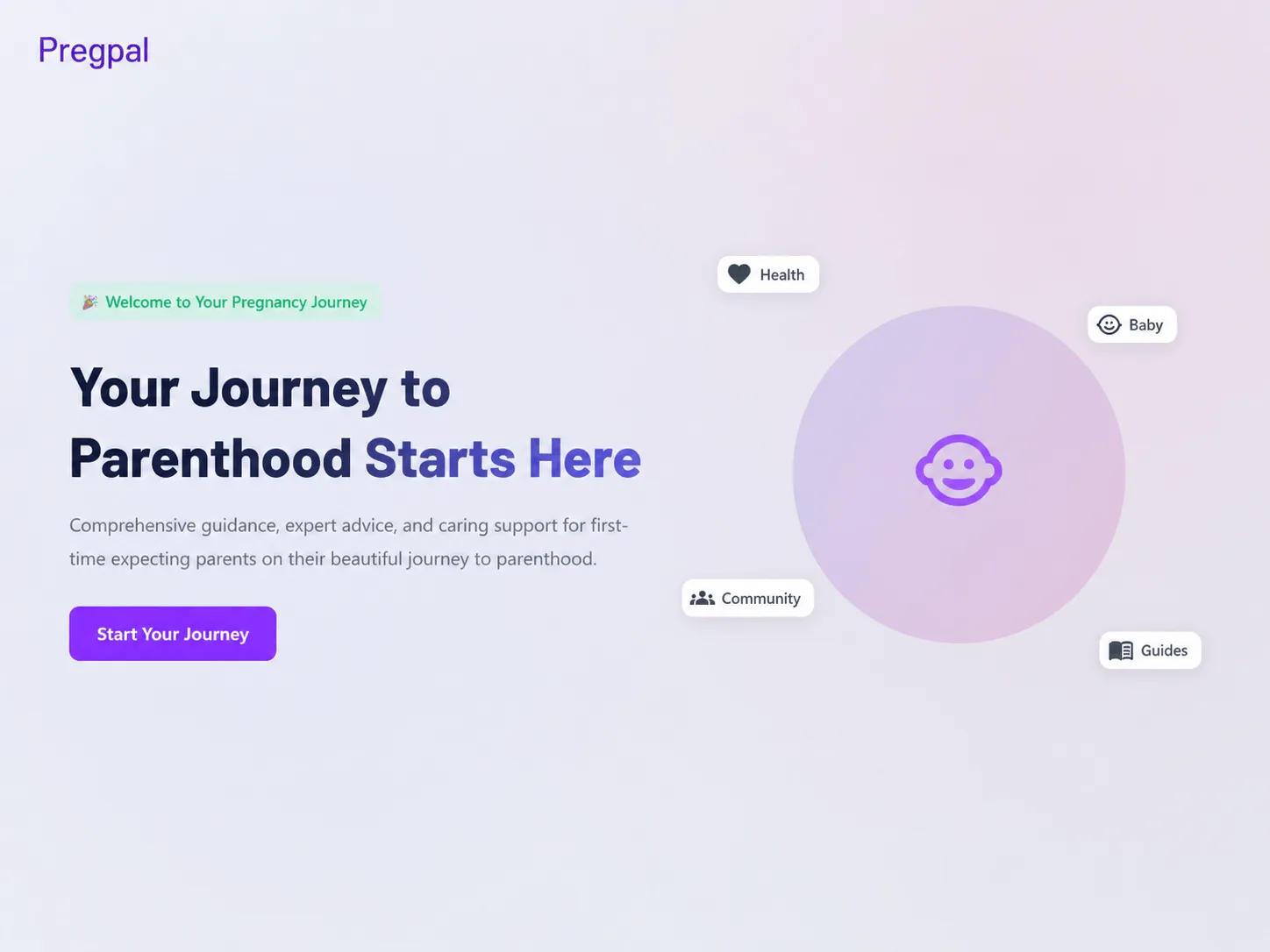 pregpal's home screen, headed "Your Journey to Parenthood Starts Here", with shortcuts to health, baby, community and guides.